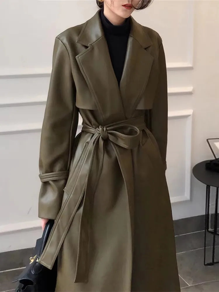 Mauroicardi Spring Autumn Long Waterproof Pu Leather Coat Women Sashes Elegant Luxury Chic Korean Fashion Clothes Overcoat 2025