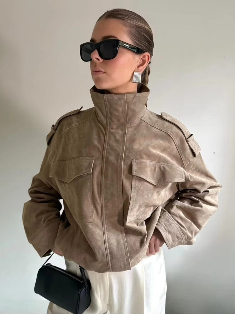 Winter Khaki Suede Leather Women's Jacket Fashion Stand Collar Zippers Pockets Women Coat 2025 Autumn New Female Vintage Outwear