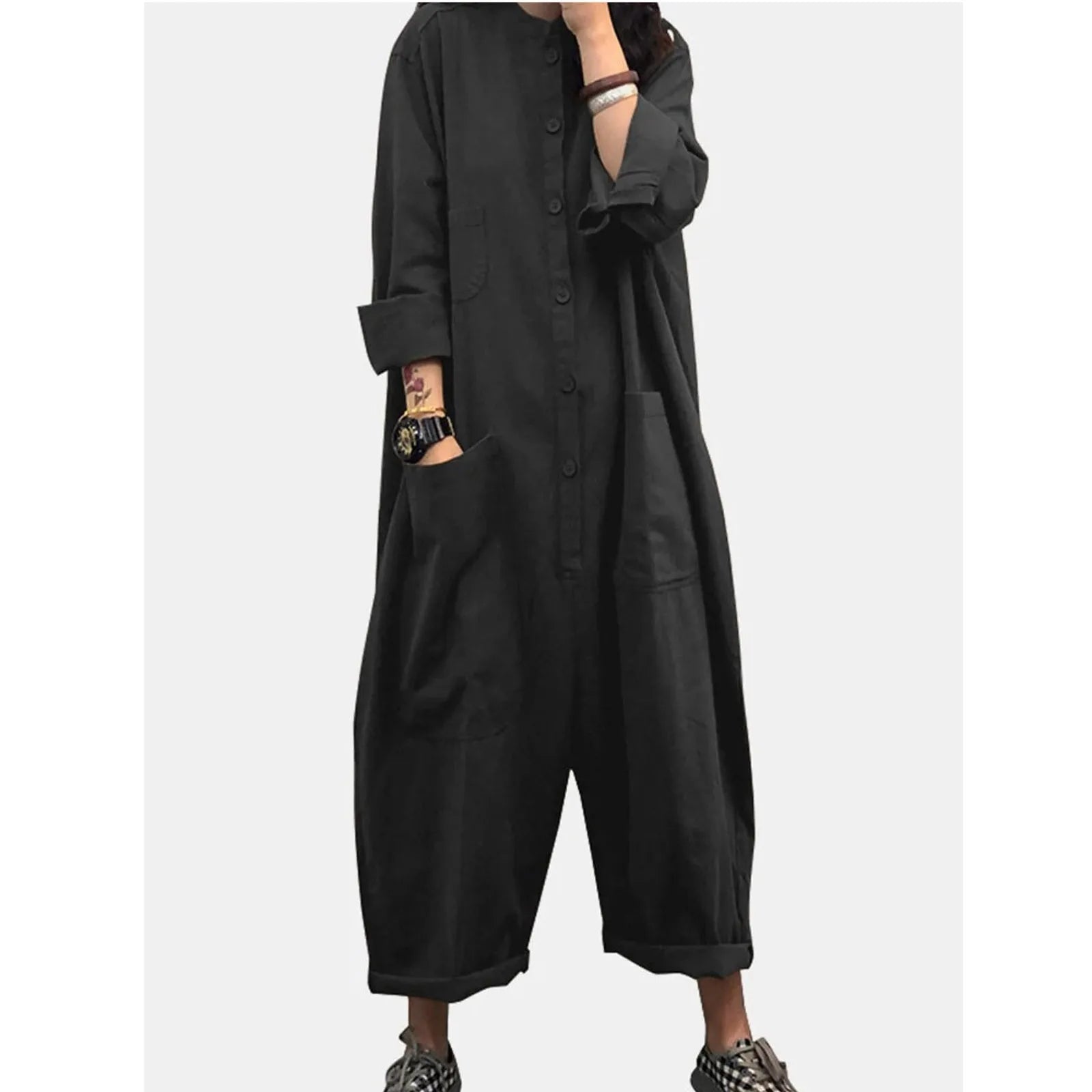 Women Jumpsuit 2024 Female Oversized Romper Autumn Loose Pockets Overalls Casual Solid Stand Collar Bottom