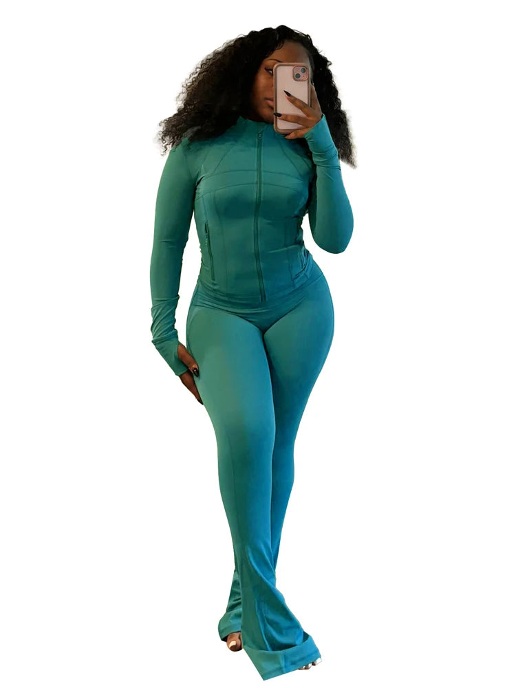 Fall Women Sport Loungewear Sexy Tight Long Sleeve Flared Pants Two Piece Set Active Gym 2 Piece Matching Sets Tracksuit Outfits
