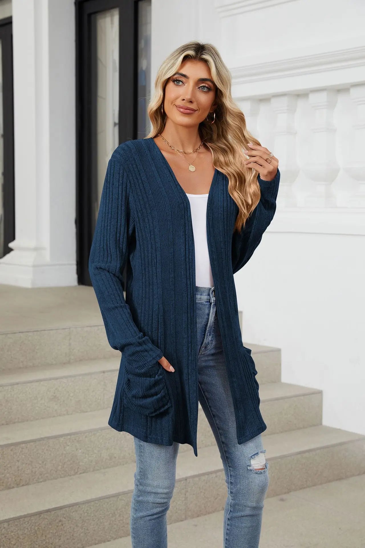 Autumn Winter New Solid Color Pit Stripe Brushed Pocket Cardigan Best Selle Long Sleeved Jacket for Woman Clothes