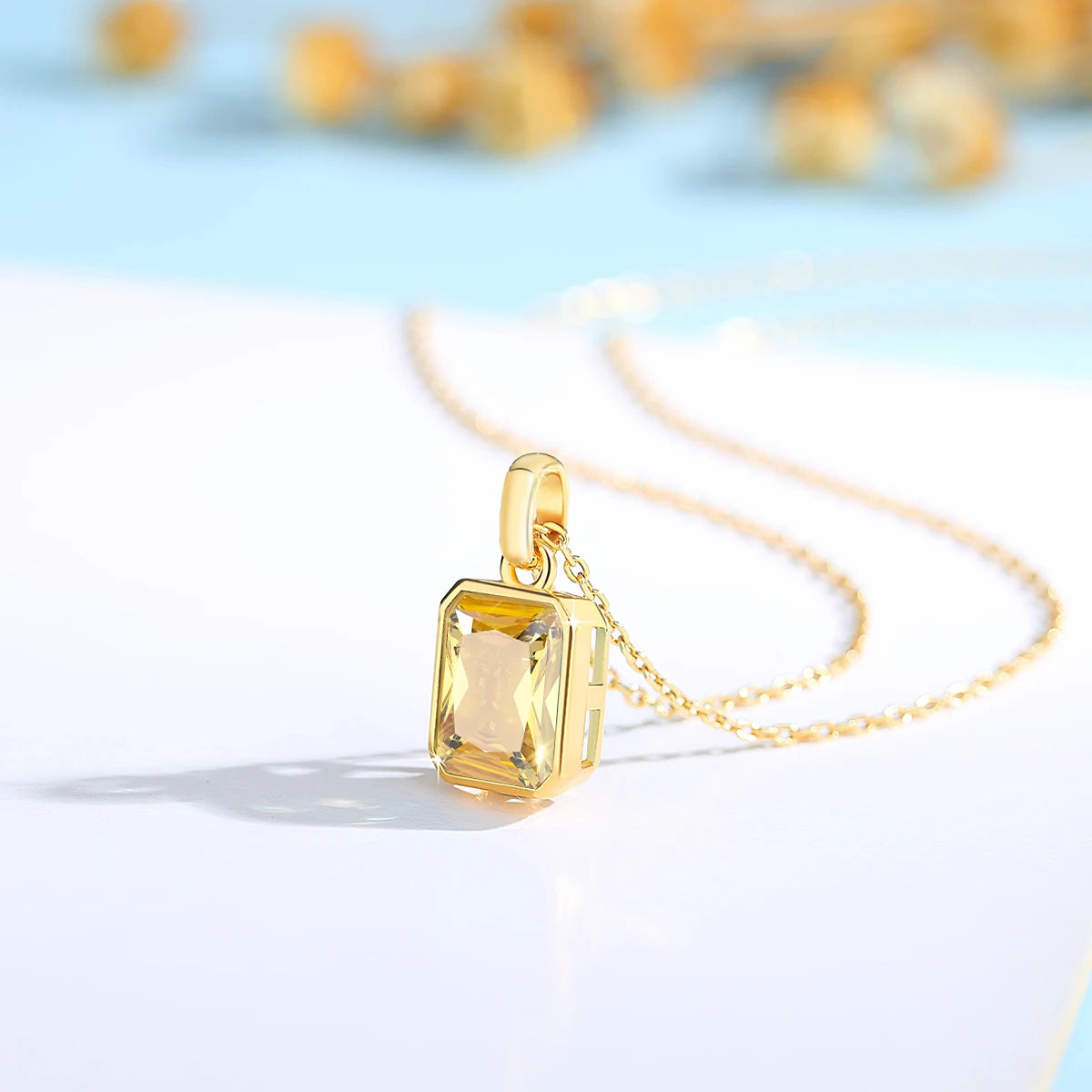 Szjinao 100% Real 18k Gold Necklace For Women 8*10mm Yellow Stone Rectangle With Certificate AU750 K Gold Pendant Wedding Gift