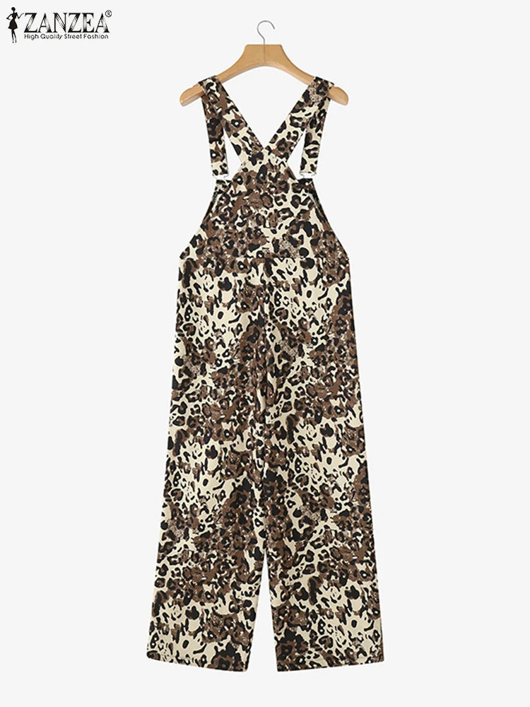 ZANZEA Casual Leopard Print Jumpsuits 2025 Summer Overalls Women Pockets Fashion Wide Leg Pants Loose Streetwear Long Rompers