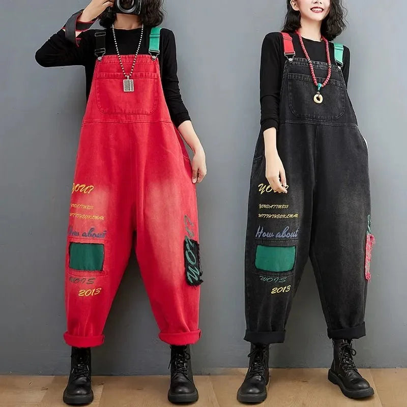 Autumn Winter Letter Embroidered Denim Backband Pants for Women's Korean Edition Loose Slim Casual Harlan jumpsuit Streetwear