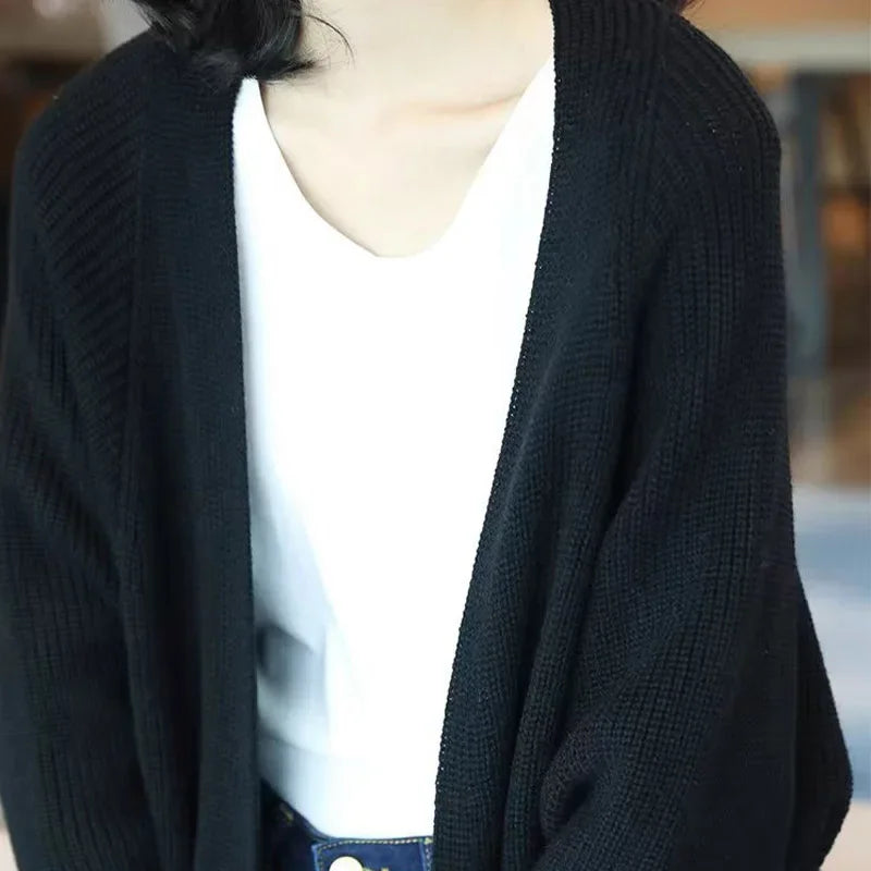 Women's Vintage Loose Casual Knitted Cardigan Autumn Winter Fashion Simple Solid Medium And Long Styles Sweaters Coat