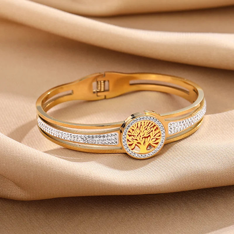 316L Stainless Steel Mud Crystal Micro Embedded Spring Hollow Life Tree Bracelet Women's Bangle