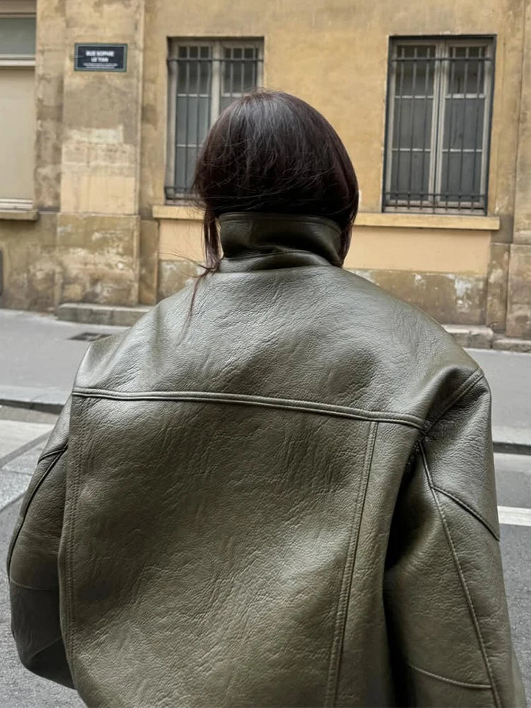 Green Patchwork Leather Short Jacket Women Casual Stand Collar Long Sleeve Loose Mini Coat 2025 Lady Autumn Daily Street Coats