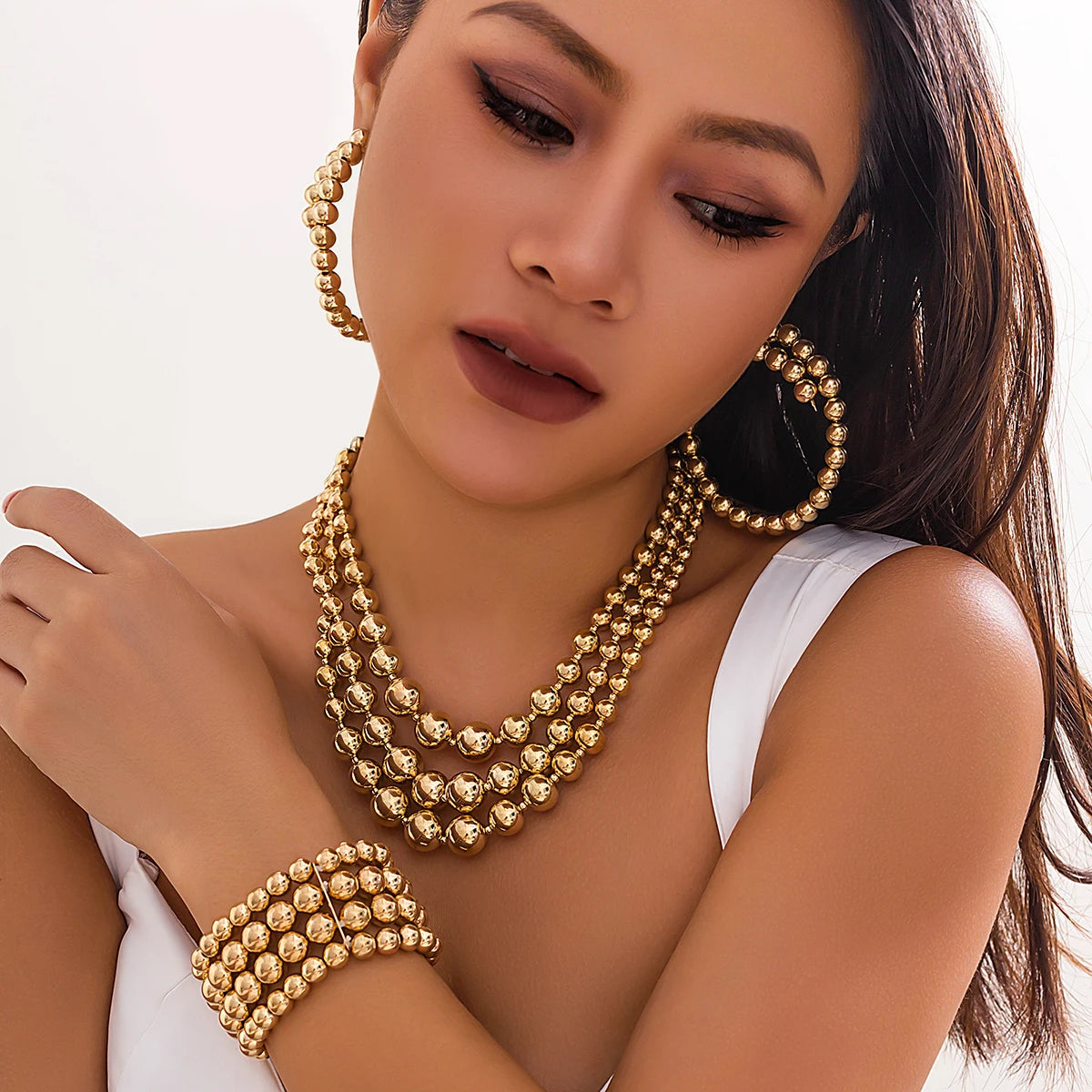 3Pcs/Set Exaggerated CCB Material Big Ball Necklace Bracelet Earring Set for Women Punk Chunky Thick Clavicle Jewelry Party Gift