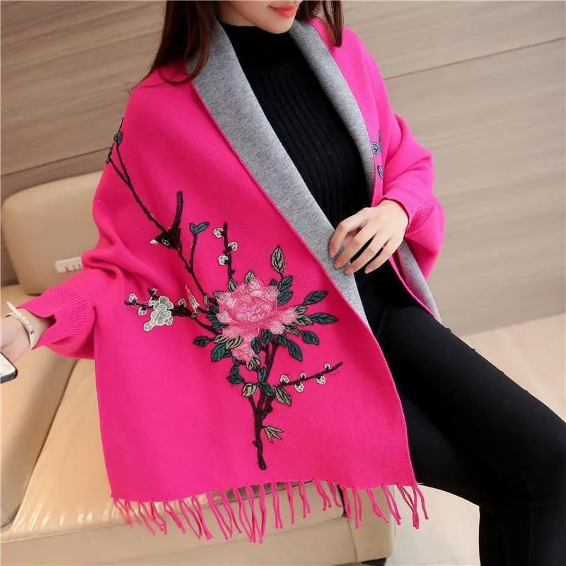 Autumn and winter embroidered cape shawl women's embroidered knitted cardigan tassel knit sweater