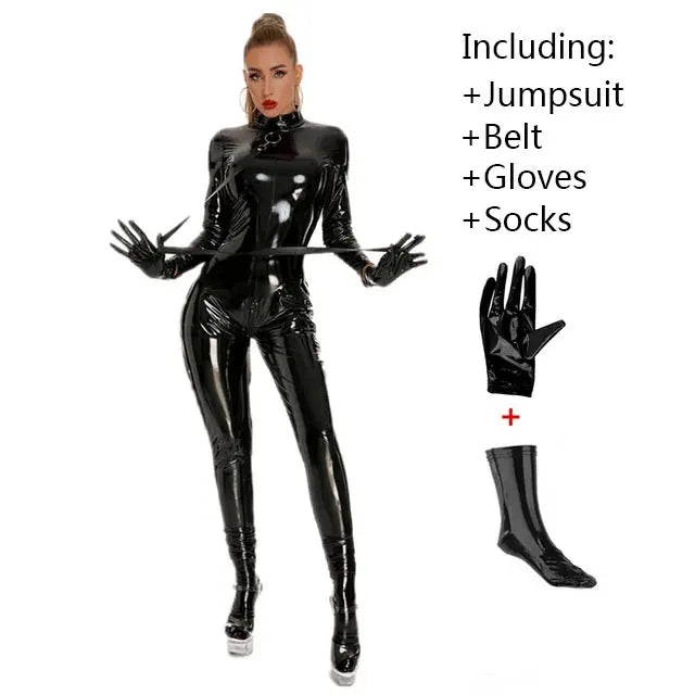 Women Skinny Faux Leather Jumpsuit Black Shiny PU Latex Bodysuit Sexy Zip Open Crotch Catsuit Clubwear PVC Latex Bodysuit