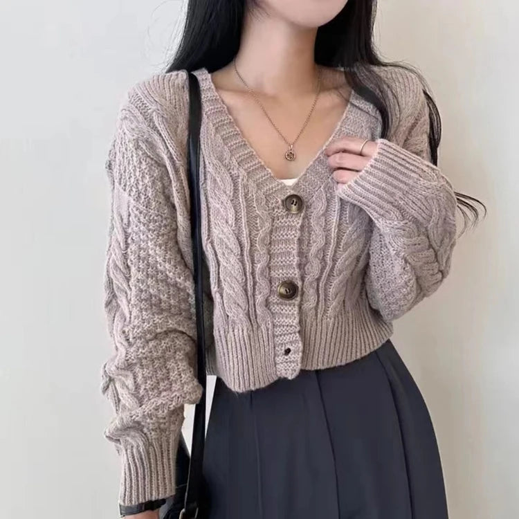 Cable Knit Crop Cardigan Sweater for Women Long Sleeve Button-up Boxy-fit Crop Sweater Jacket Teen-girl Fall Winter Y2K Outfit