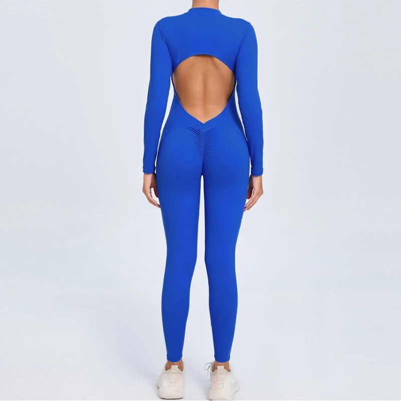 Hearuisavy V Back Sports Jumpsuit Yoga Clothes Rompers Women Long Sleeveles Workout Bodysuits Backless One-piece Suit Female