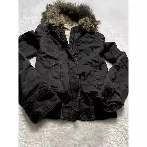 Gothic Y2K Vintage Fur Lined Hooded Jacket Womens White Button Zipper Coat with Faux Fur Trim Fashion Casual Warm Coats