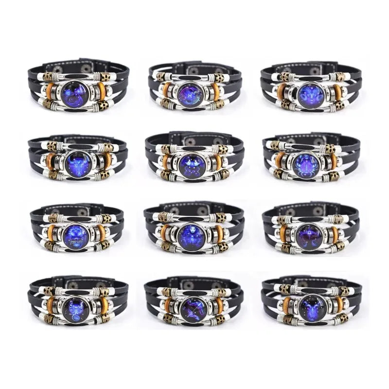 Constellations Luminous Leather Bracelet Retro Multi-layer Beaded Leather Bracelet Jewelry Gifts for Men Women Couples