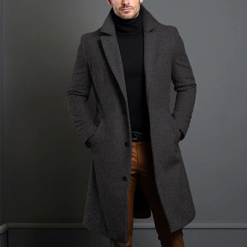 Woolen Coat Men's Long Solid Color Autumn Winter Woolen Coat Warm Youth Coat Trench Cardigan
