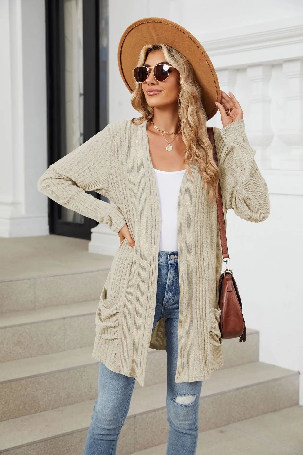 Autumn Winter New Solid Color Pit Stripe Brushed Pocket Cardigan Best Selle Long Sleeved Jacket for Woman Clothes