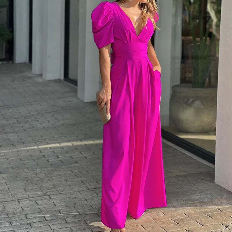 2025 New European American Short-sleeved Fashionable and Elegant Wide-leg Jumpsuits