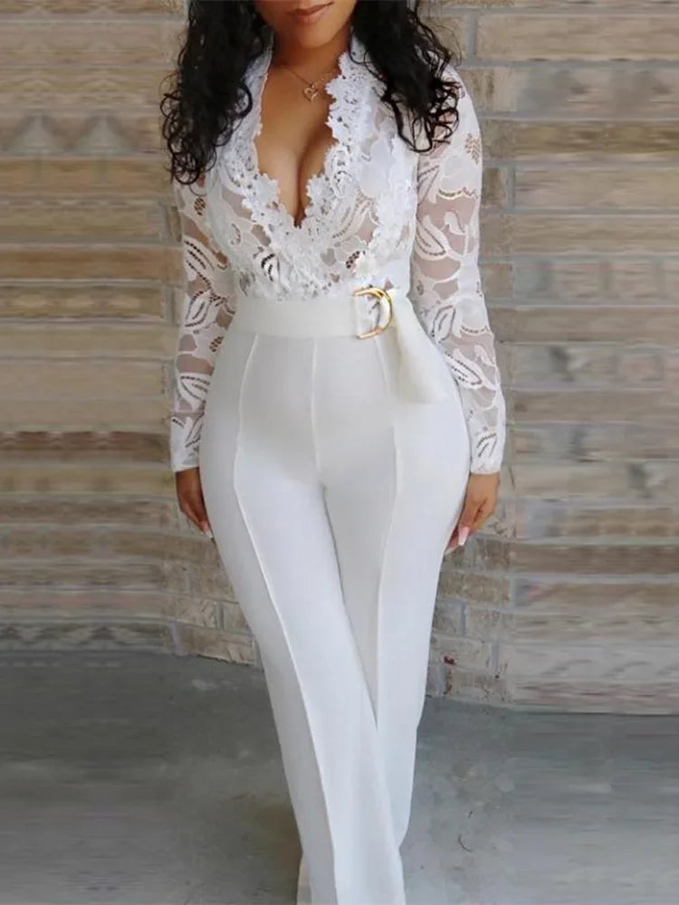 White Lace Jumpsuit Women Sexy V Neck Lace-up Stitching Long Sleeve Wide Leg Long Pants Office Lady Romper Overalls Jumpsuits