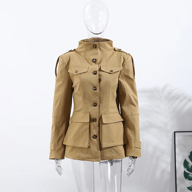 Elegant Stand Collar Trench Coats Women Y2K Long Sleeve Pockets Waist Jacket 2026 Autumn Street Lady Single Breasted Outerwear