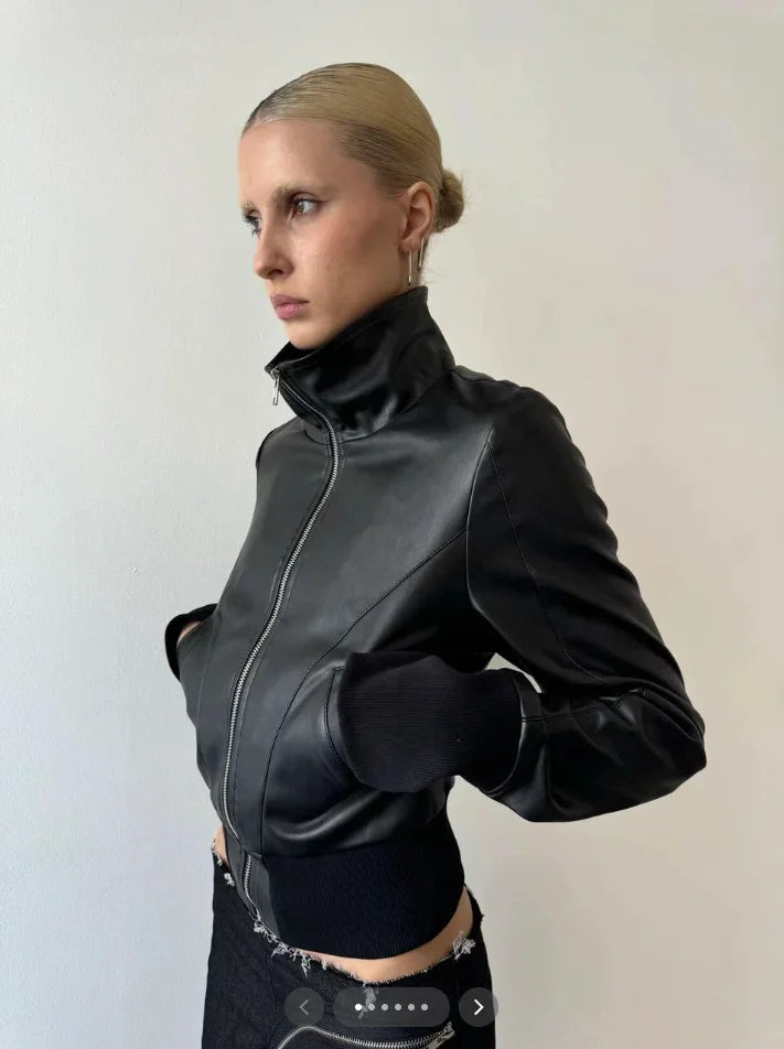 Fashion Solid Leather Jacket Women's Turtleneck Side Zipper Long Sleeve Belted Coat 2025 Autumn New Lady High Street Outerwear