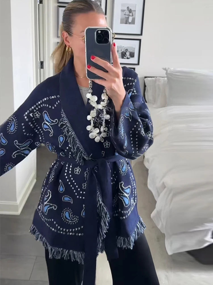 Tassel Patchwork Printed Cardigan Women Geometric Patterns Belts V-neck Long Sleeve Knitted Street Lady Sweater 2025 Autumn Coat