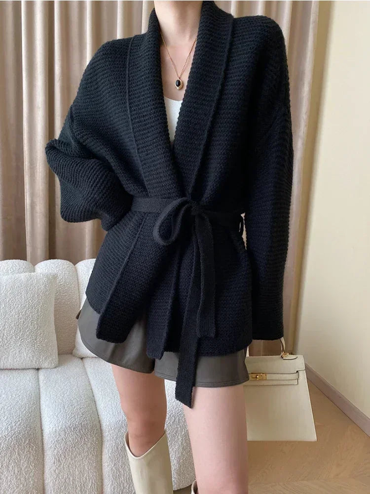 Knitted Cardigan Sweater Loose Lace Up Waist Retraction Oversized Cardigan Autumn New Grey Warm Fashion Coats for Women 2025