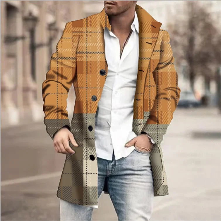 Autumn Winter Retro Print Woolen Coat Men Casual Single Breasted Lapel Long Sleeve Coat Men Fashion Loose Pocket Mid Long Jacket