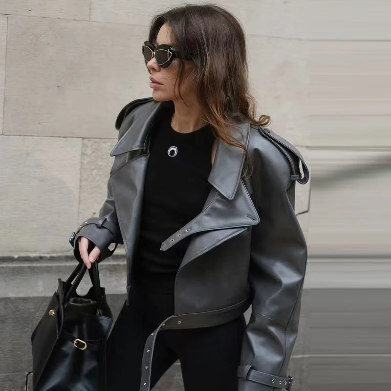 HXAO Cropped Leather Jacket Women's Jacket Autumn 2025 Burgundy Black Outerwears Women's Long Sleeve Top Coat Motorcycle Jacket