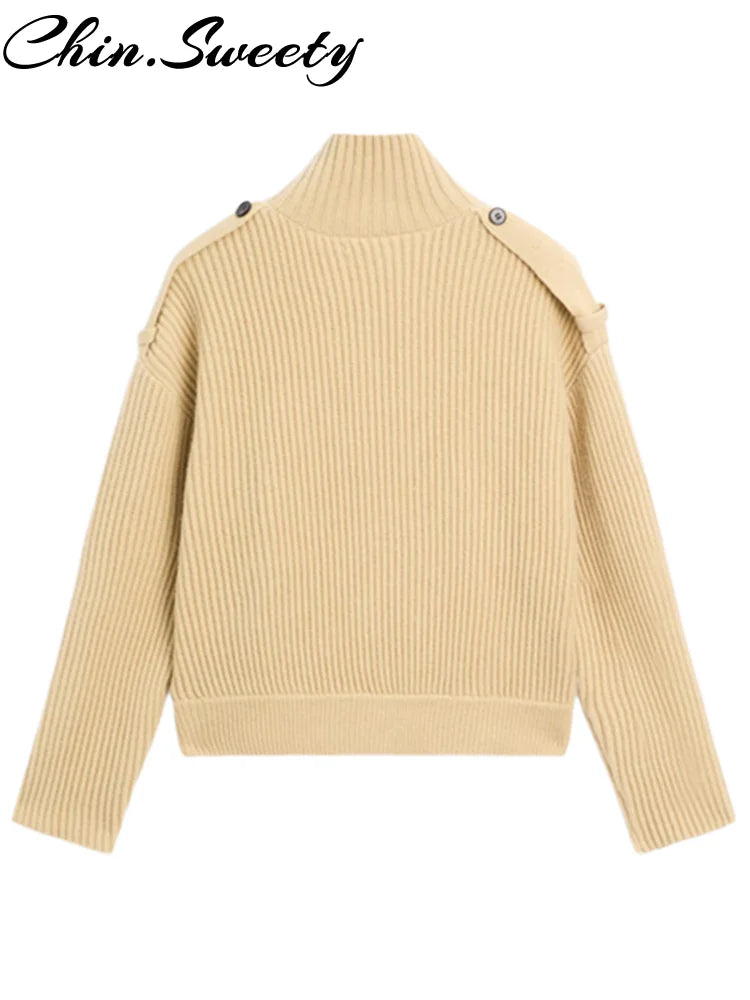 Elegant Solid Women Knitted Cardigan Pleated Stand Collar Single-Breasted Female Knitwear 2025 Autumn Winter Chic Lady Outerwear