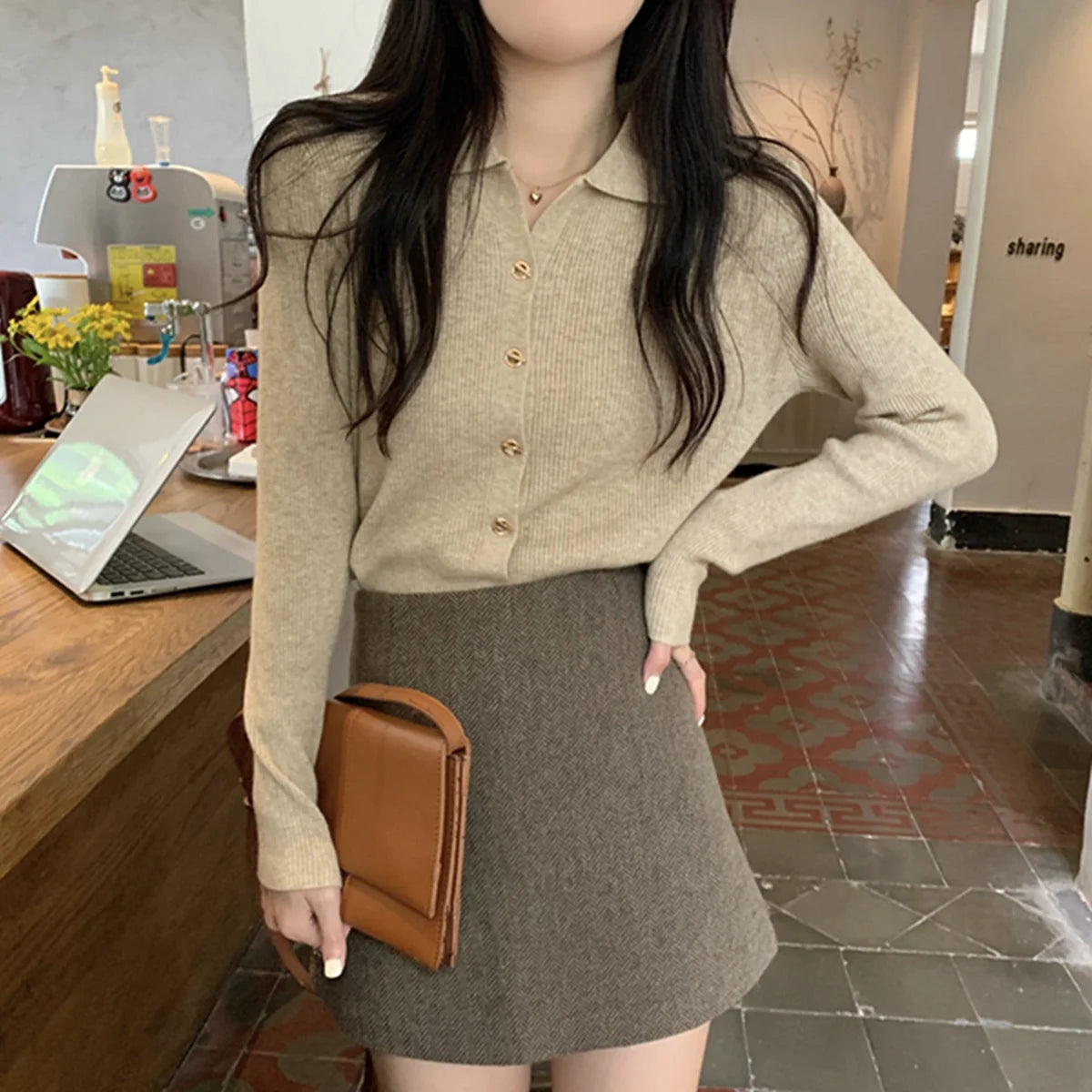 Women Fashion Button Knitted Cardigan Autumn Winter Polo Neck Long Sleeve Solid Knitwear Korean Vintage Casual Street Tops Chic