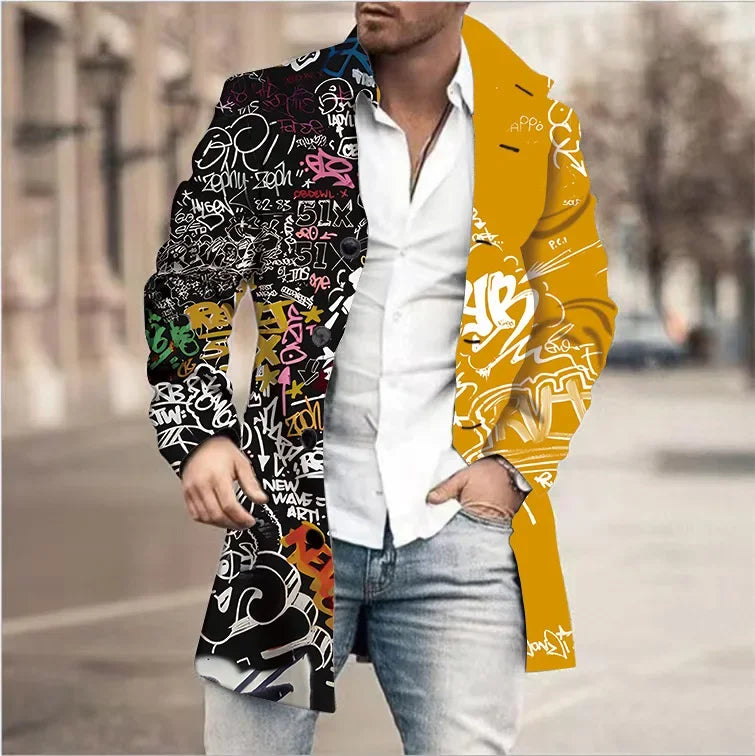 Autumn Winter Retro Print Woolen Coat Men Casual Single Breasted Lapel Long Sleeve Coat Men Fashion Loose Pocket Mid Long Jacket