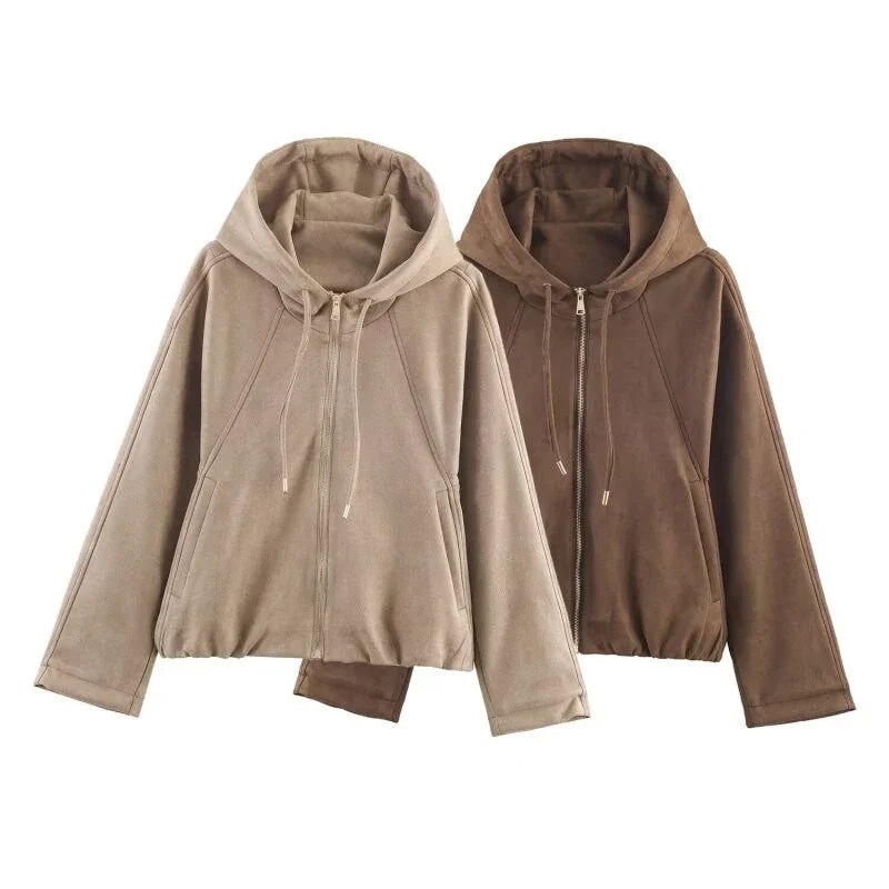 Women's Casual Pilot Hoodie Jacket Suede Surface Warm Zipper Coat Full Sleeves Loose Streetwear Fashion Top