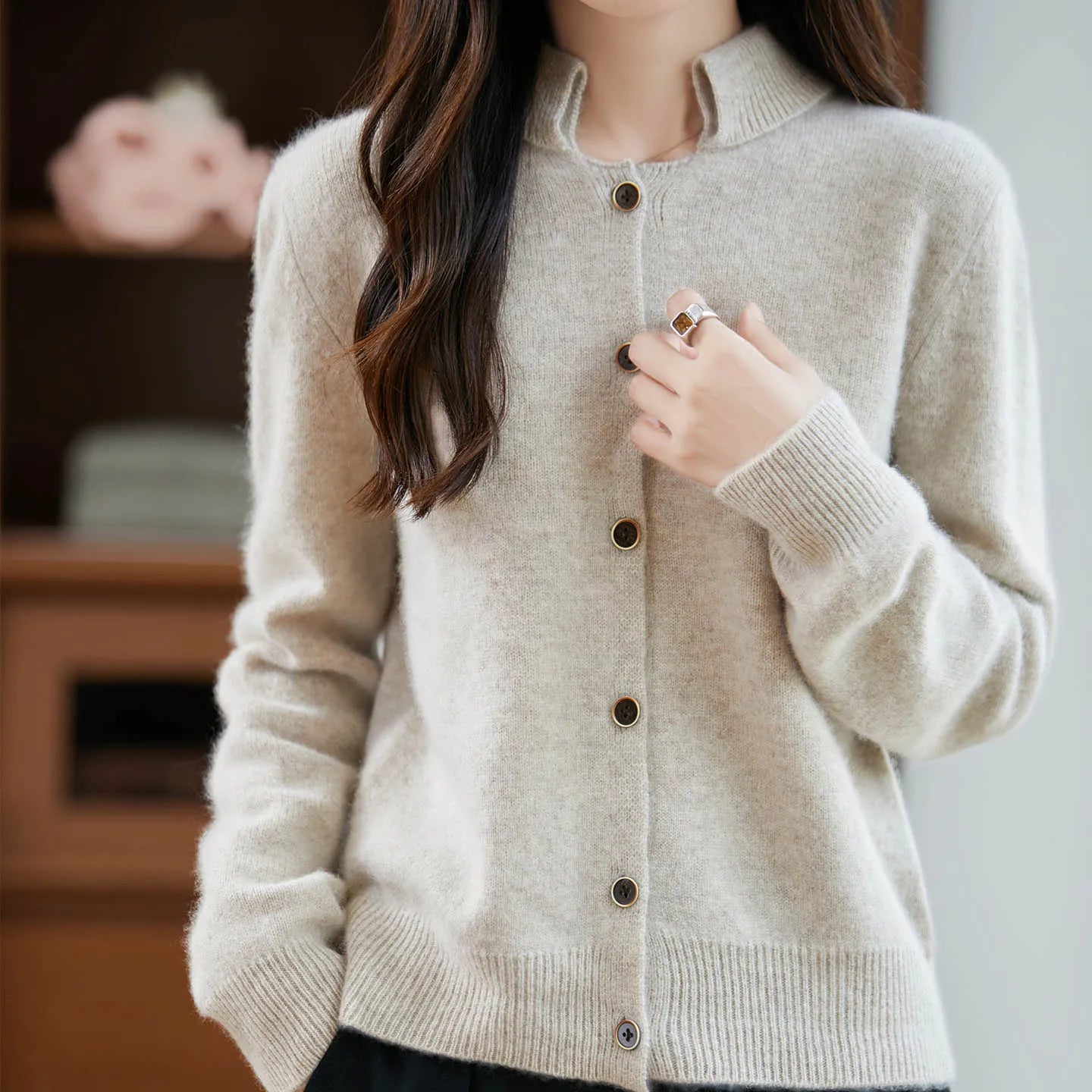 New Autumn And Winter 100% Merino Wool Women's H-neck Cardigan, 2025 Women's Clothing Knitted Korean Style Top YYY-2554