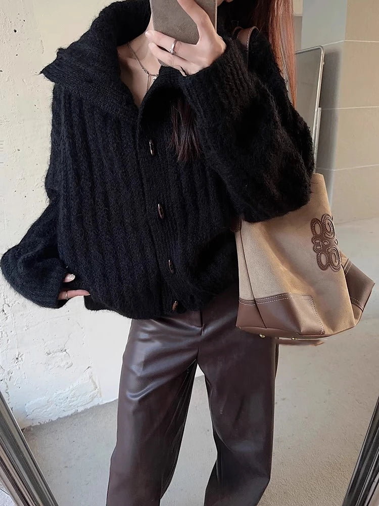 Vintage Horn Buckle Turtleneck Sweater Cardigan Jacket Winter Women's Elegant Loose Thickened Knitted Top