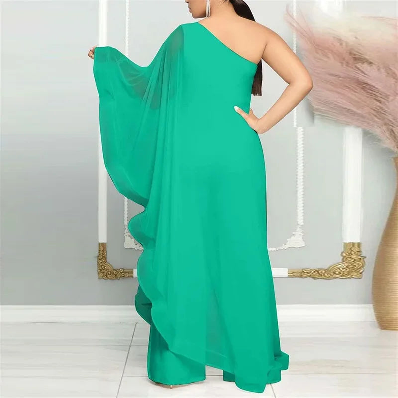 Elegant Chiffon One Shoulder Wide Leg Jumpsuit Women Club Party Birthday Outfits One Pieces Rompers Overalls Combinaison Femme
