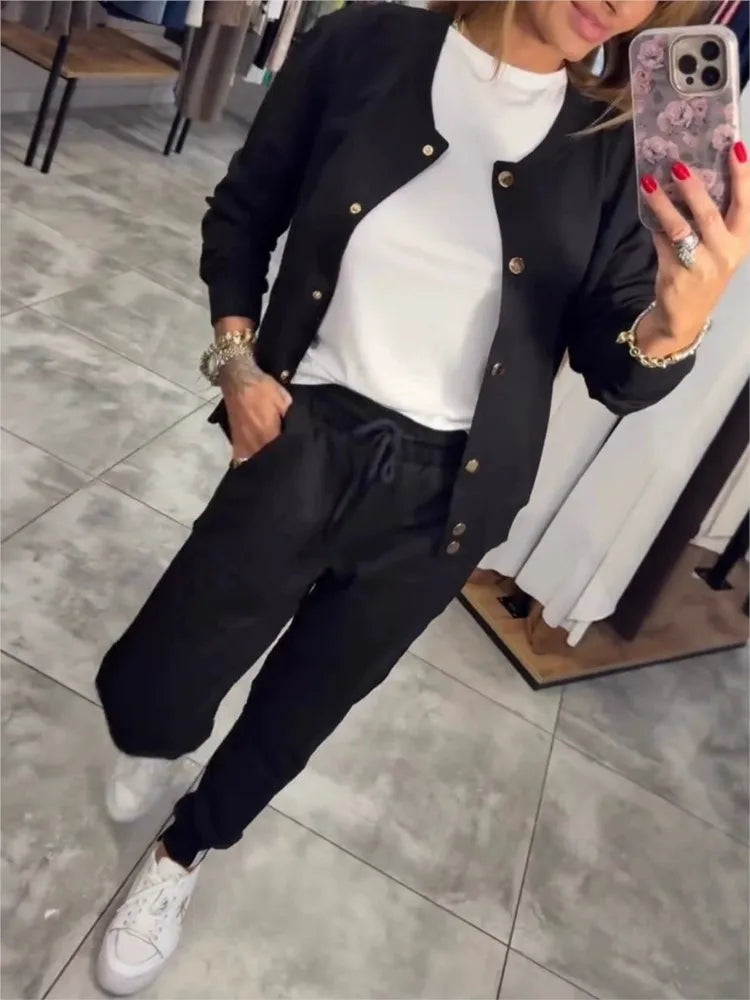Casual Solid Color Women's Jacket And Women Suit Autumn Winter Loose Sports Sweatshirt + Small Feet Trousers 2-piece Set Female