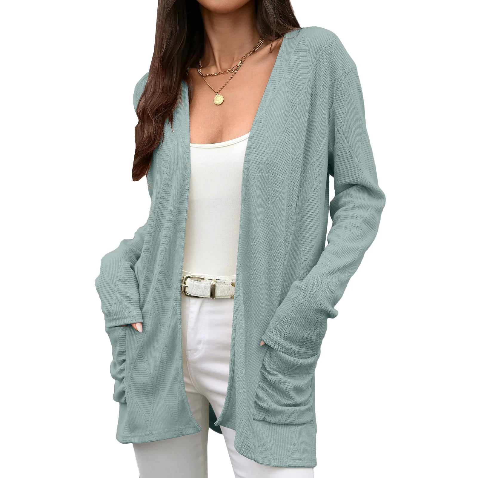 Trade Autumn Winter Knitted Open Cardigan Long Sleeve Mid-Length Ladies Coat With Pockets Pure Color