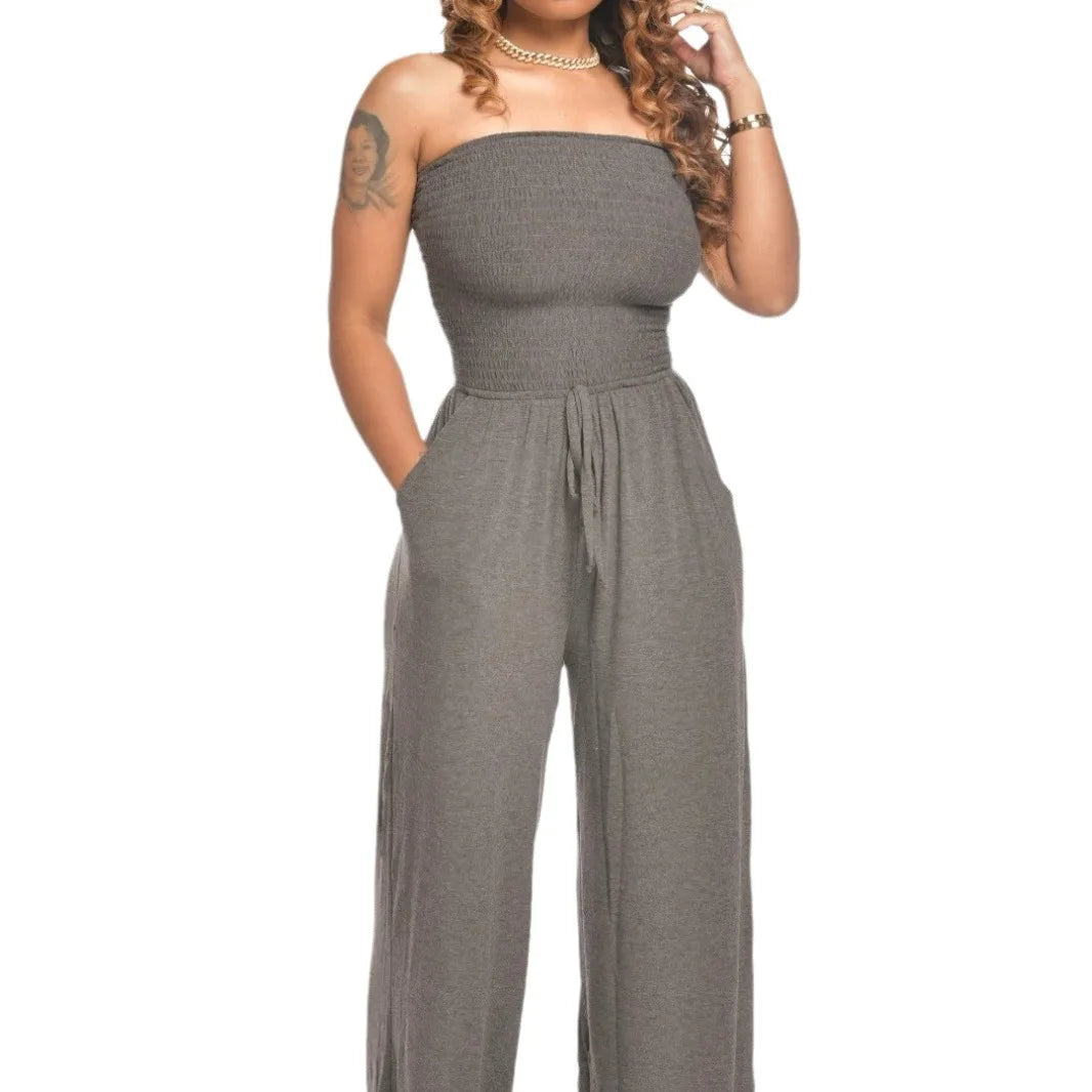 2025 Women Loose Wide Leg Pants Summer Female Drawstring Pocket Full Beachwear Trousers  Bodysuit Sexy Wrapped Chest Clothing
