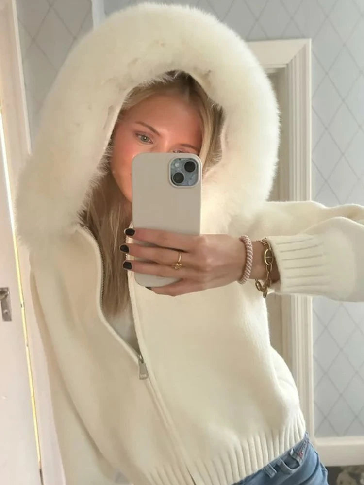 2025 Autumn Winter Women's Knitted Fur Hooded Cardigan Double Zipper Full Sleeve Sweater Fashion Warm Solid All-match Knitwear