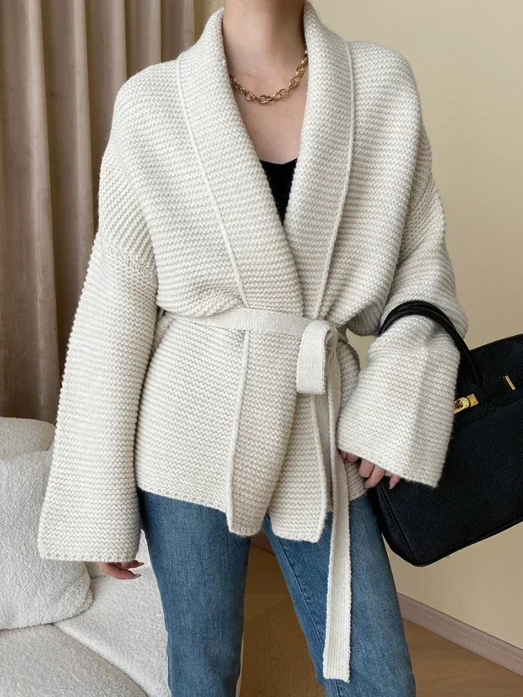 Knitted Cardigan Sweater Loose Lace Up Waist Retraction Oversized Cardigan Autumn New Grey Warm Fashion Coats for Women 2025
