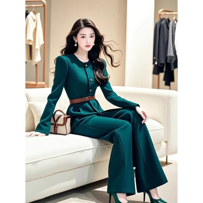 New High Quality Autumn Winter Women's Jumpsuit Fashion High Waist Slim Long Sleeve Solid Color Elegant Wide Leg Pants Rompers
