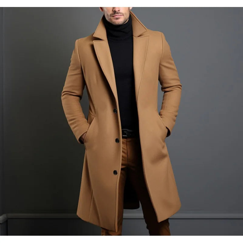 Woolen Coat Men's Long Solid Color Autumn Winter Woolen Coat Warm Youth Coat Trench Cardigan