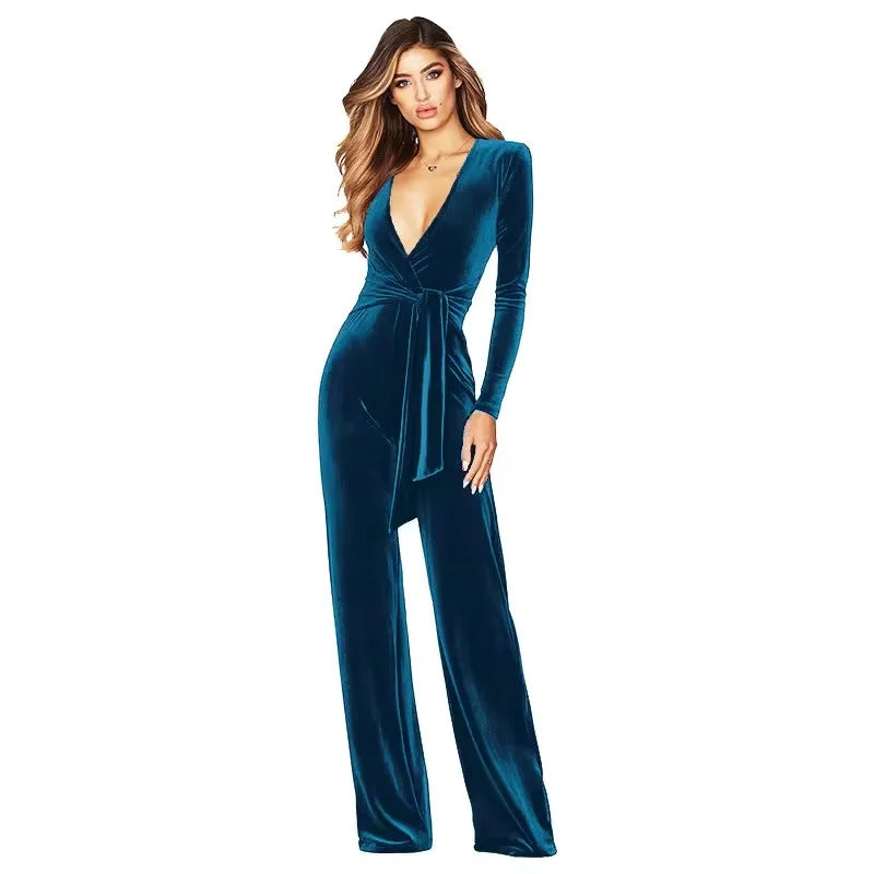 HLJ Elegant Women Velvet Jumpsuits Sexy Deep V Neck One Piece Outfit  Sashes Belted Wide Legs Long Pants Jumpsuit Party Clubwear