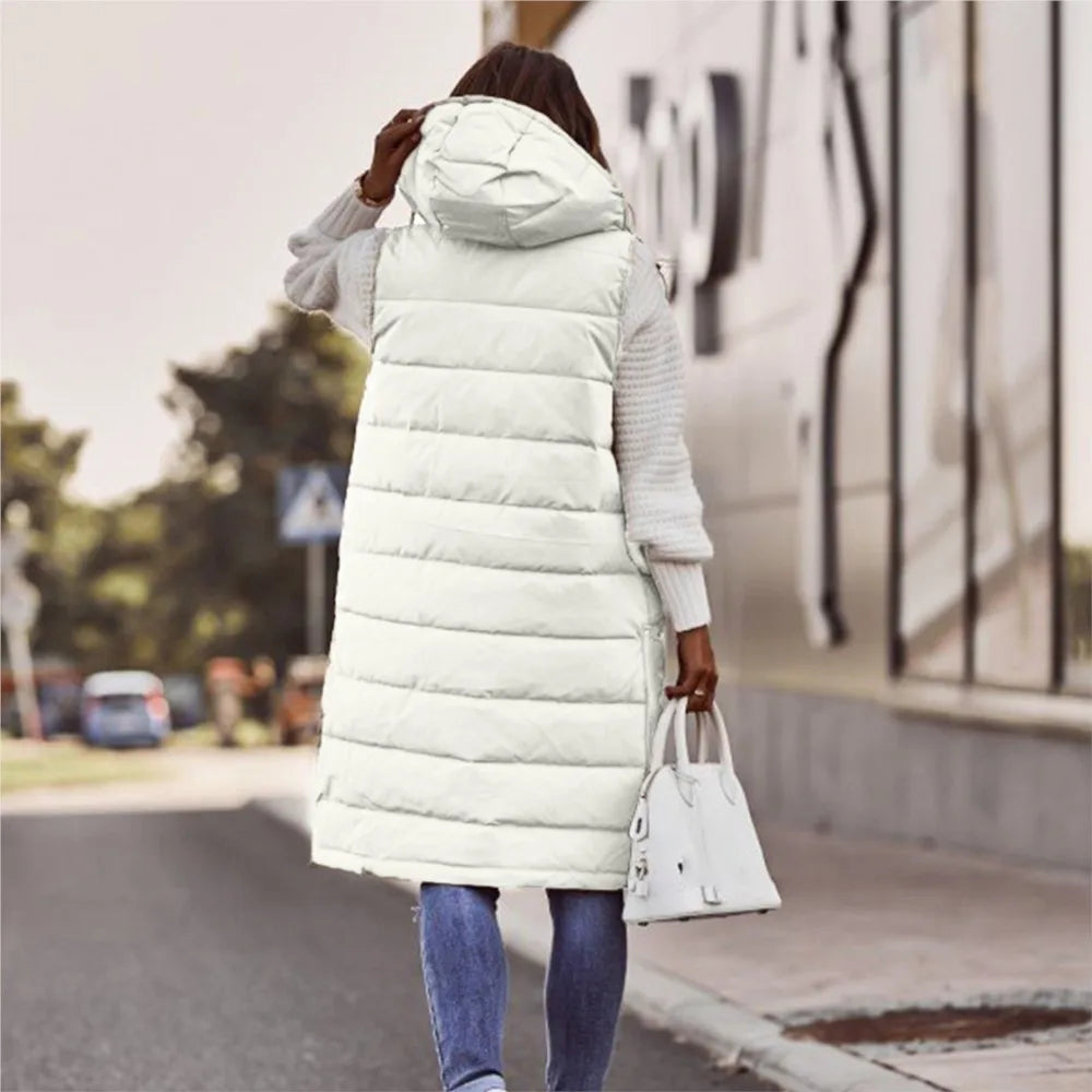 Casual Vest Hooded Single Breasted Mid-length Cotton Padded Jacket Winter Fashion Button Zipper Fitted Cardigan Female Vest Coat
