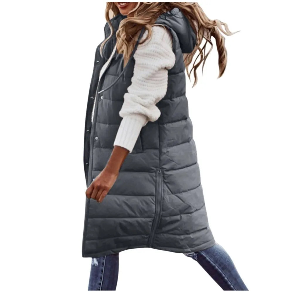 Casual Vest Hooded Single Breasted Mid-length Cotton Padded Jacket Winter Fashion Button Zipper Fitted Cardigan Female Vest Coat