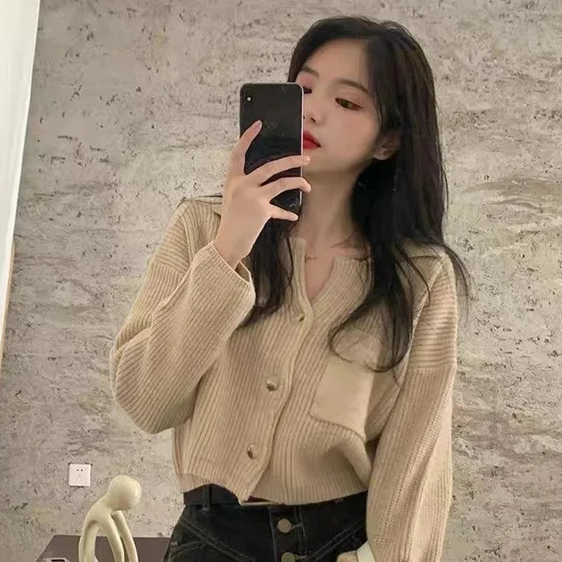Elegant Autumn Winter Knitted Cardigan Short Sweater Women Long Sleeve Jackets Fashion Loose Casual Simple New Solid Short Top