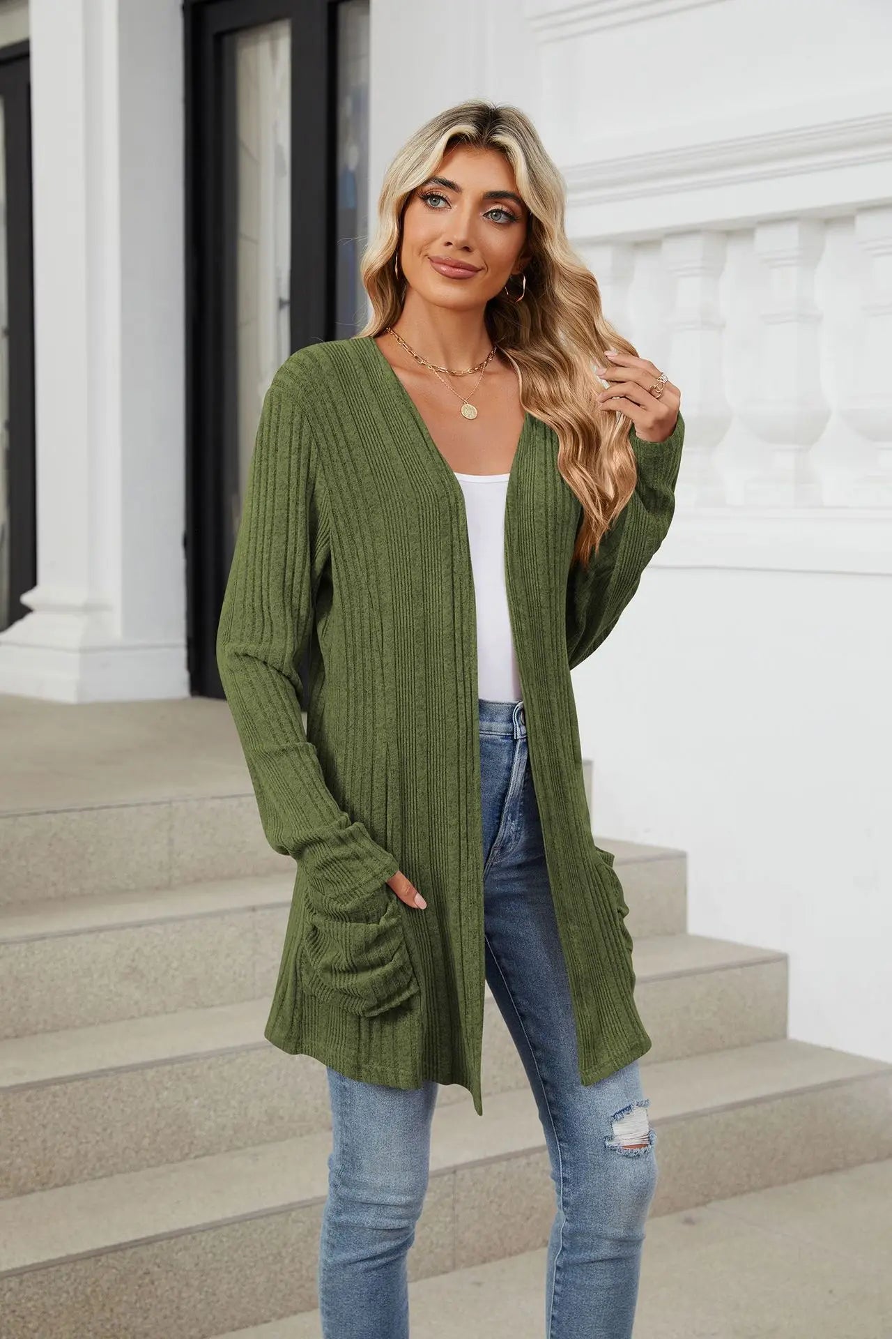 Autumn Winter New Solid Color Pit Stripe Brushed Pocket Cardigan Best Selle Long Sleeved Jacket for Woman Clothes