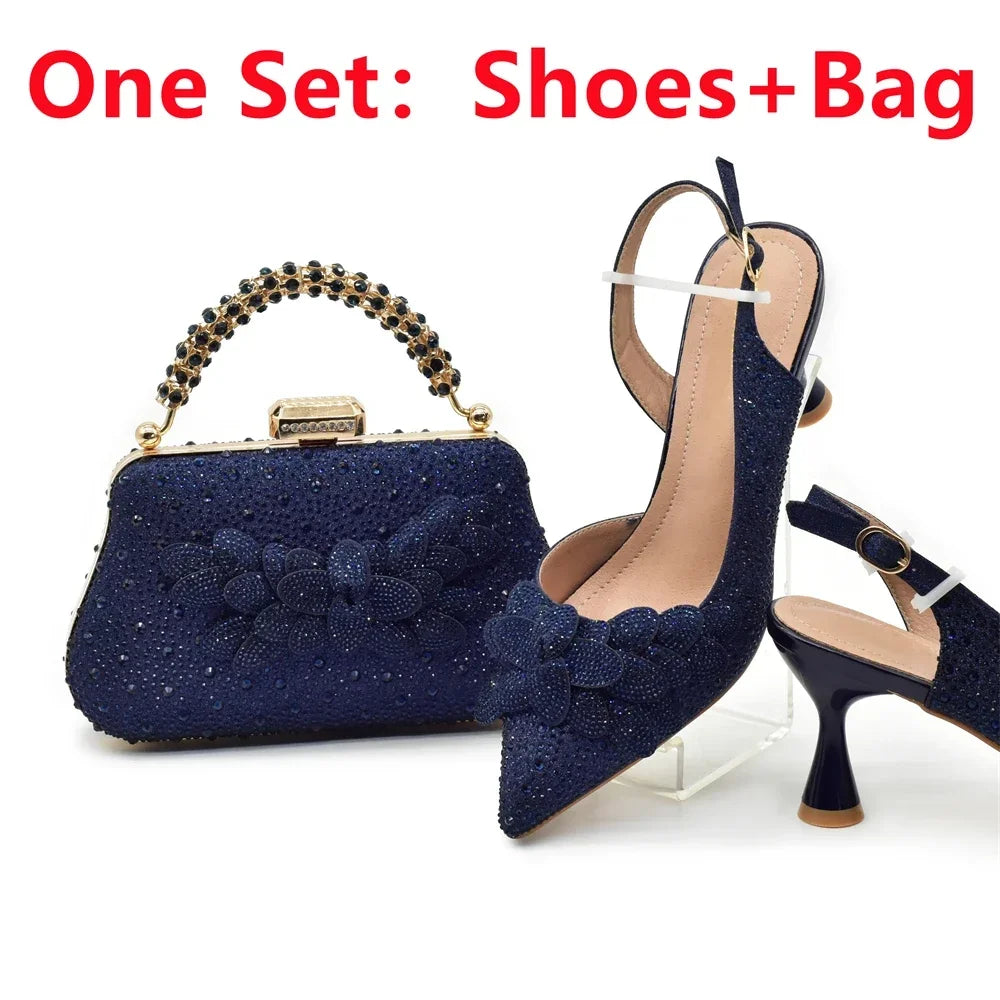 2024 Nigerian Style Rhinestone Medium Heeled Sandals for Women Fashion Wedding Party Shoes and Bags Set with Rhinestone