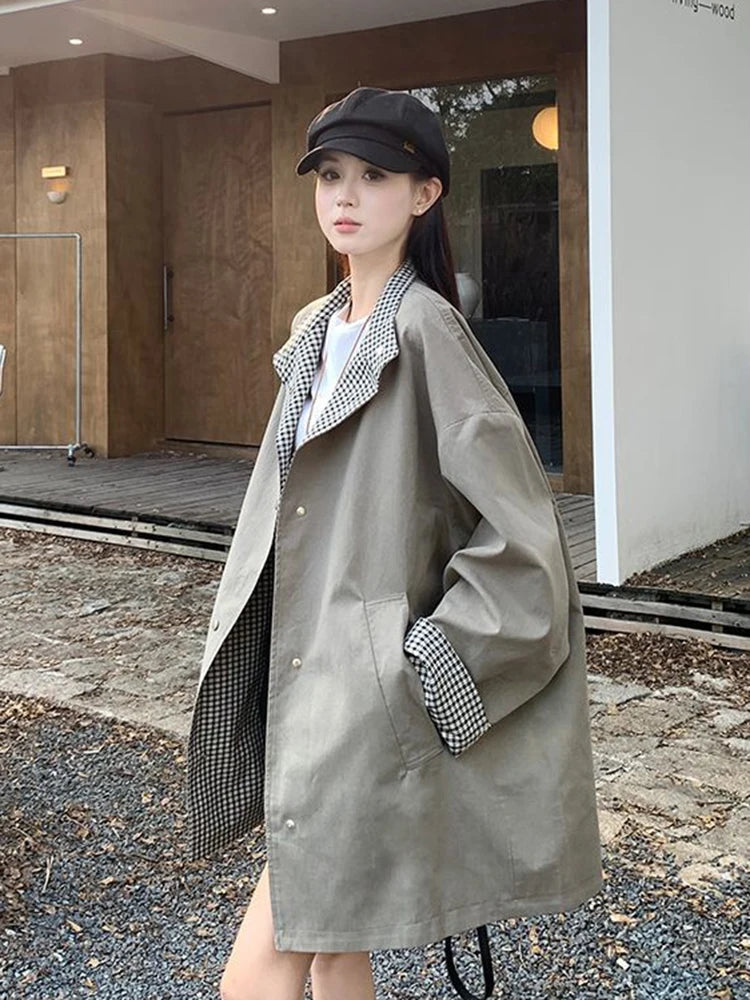 Zoki Korean Chic Elegant Jacket Women Loose Design Double Sided Wear Plaid Coat Fall Fashion Long Sleeve Sweet Pockets Outwear