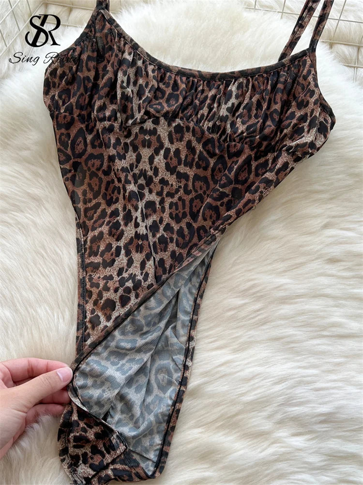 SINGREINY 2024 Newest Leopard 2pcs Suits Women Sexy Strap Tops+Elastic Waist Flared Pants American Ins Fashion Hotsweet Sets